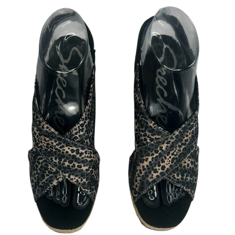 Skechers Cali Club X Ray Tan Black Wedge Sandal Leopard Metallic Shoes 7.5 Comfy